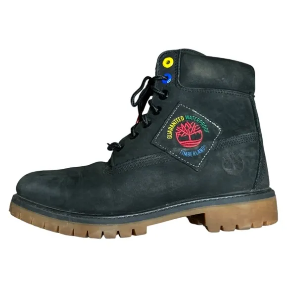 Timberland Boots 6 Inch Premium Black Waterproof Red Logo Patch Mens Size 8