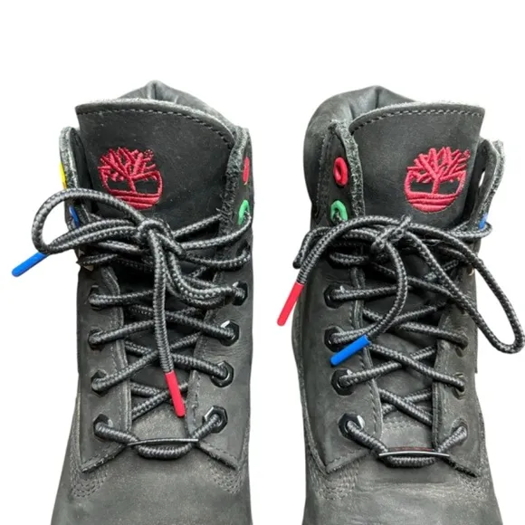Timberland Boots 6 Inch Premium Black Waterproof Red Logo Patch Mens Size 8