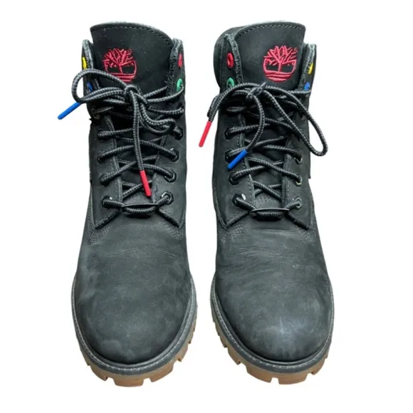 Timberland Boots 6 Inch Premium Black Waterproof Red Logo Patch Mens Size 8