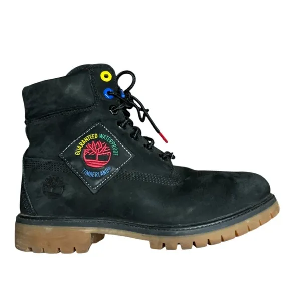 Timberland Boots 6 Inch Premium Black Waterproof Red Logo Patch Mens Size 8