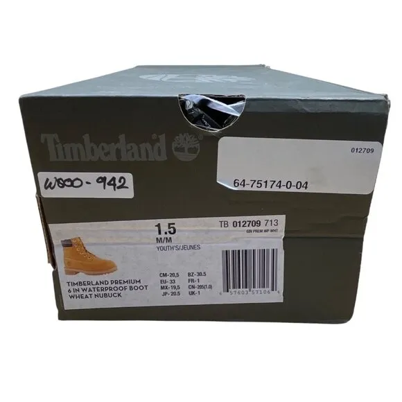 Timberland Premium Youth Brown Nubuck Waterproof Wheat 6&quot; Boots Size 1.5M