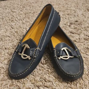 Tod's Navy Leather Loafers with Silver Accent Size 8