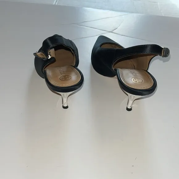 Tory Burch-8-satin sling back pump-black, white heel-buckled slinging back strap