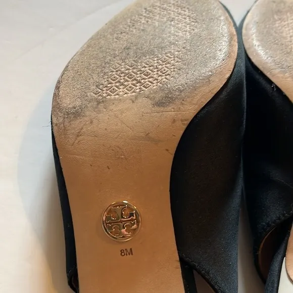 Tory Burch-8-satin sling back pump-black, white heel-buckled slinging back strap