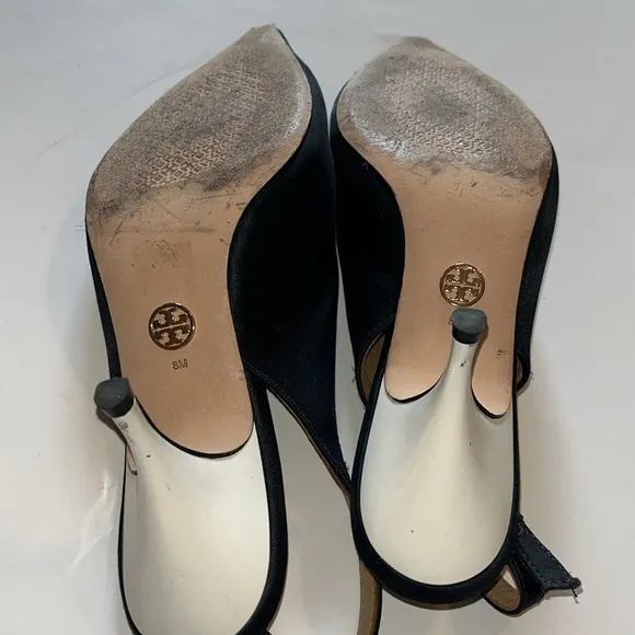 Tory Burch-8-satin sling back pump-black, white heel-buckled slinging back strap