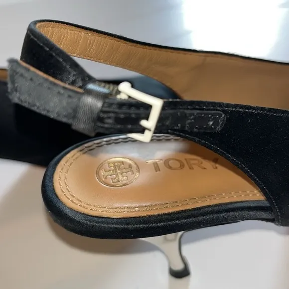 Tory Burch-8-satin sling back pump-black, white heel-buckled slinging back strap