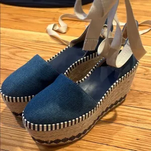 Tory Burch Blue and Cream Espadrille Platform Shoes