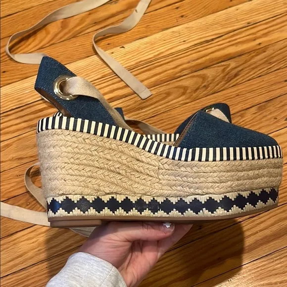 Tory Burch Blue and Cream Espadrille Platform Shoes
