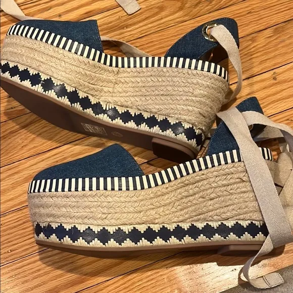 Tory Burch Blue and Cream Espadrille Platform Shoes
