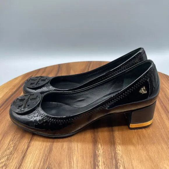 Tory Burch Heels Womens Size 6.5 M Black Patent Leather Gold Trim Shoes Comfort