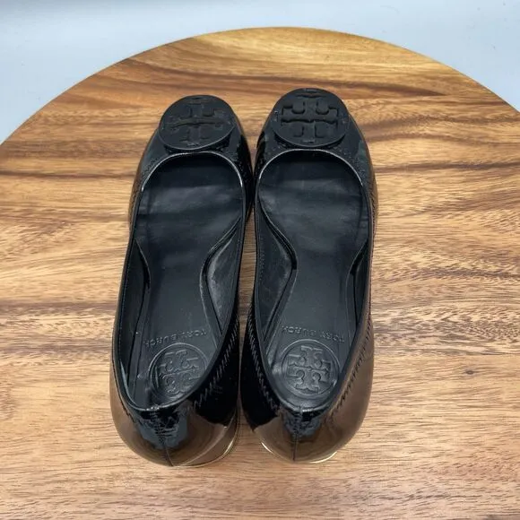 Tory Burch Heels Womens Size 6.5 M Black Patent Leather Gold Trim Shoes Comfort