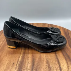 Tory Burch Heels Womens Size 6.5 M Black Patent Leather Gold Trim Shoes Comfort