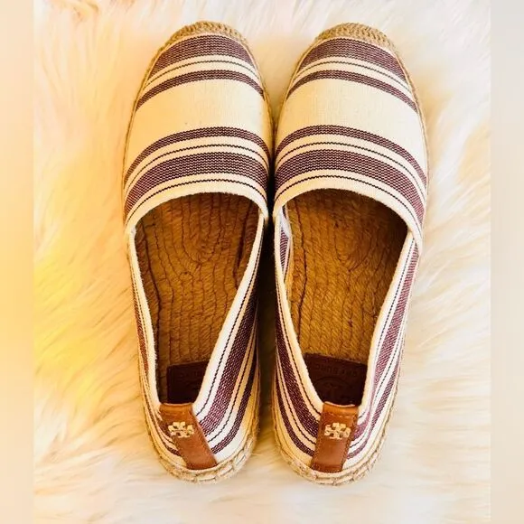 Tory Burch Striped Ivory, Plum, Tan Elastic Espadrilles Flats! ❤️