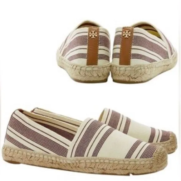 Tory Burch Striped Ivory, Plum, Tan Elastic Espadrilles Flats! ❤️
