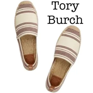 Tory Burch Striped Ivory, Plum, Tan Elastic Espadrilles Flats! ❤️