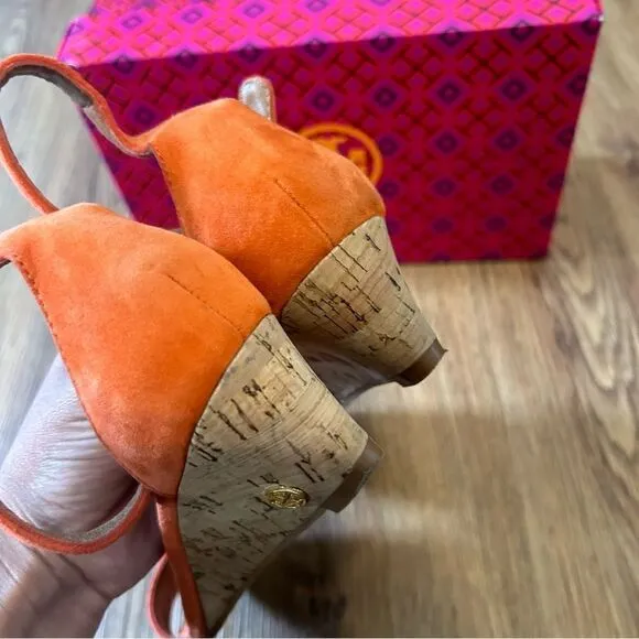 TORY BURCH TB orange leather suede ankle strap wedged sandals shoes women’s 6.5