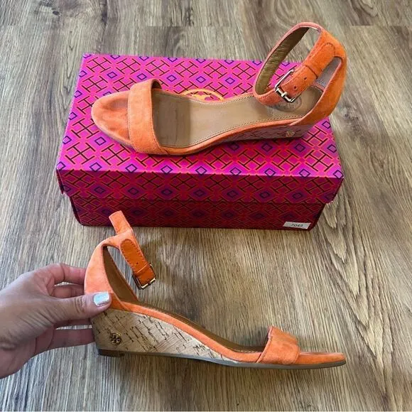 TORY BURCH TB orange leather suede ankle strap wedged sandals shoes women’s 6.5