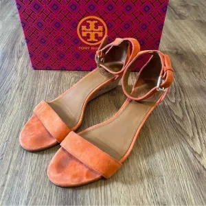 TORY BURCH TB orange leather suede ankle strap wedged sandals shoes women’s 6.5