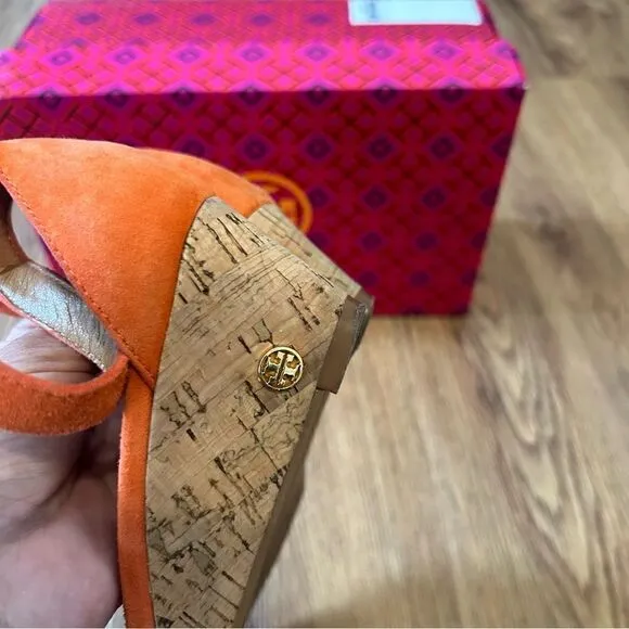 TORY BURCH TB orange leather suede ankle strap wedged sandals shoes women’s 6.5