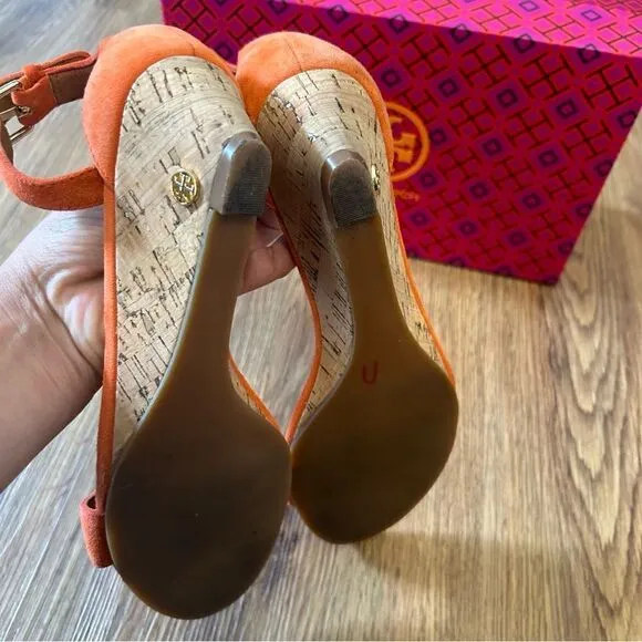 TORY BURCH TB orange leather suede ankle strap wedged sandals shoes women’s 6.5