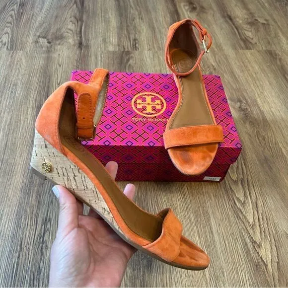 TORY BURCH TB orange leather suede ankle strap wedged sandals shoes women’s 6.5