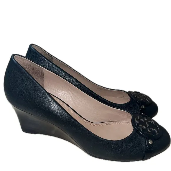 Tory Burch Women's Mini Miller Black Wedge Leather Logo Pump, Size 10M