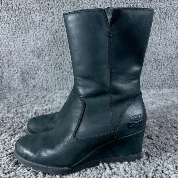 Ugg Joely Wedge Boots Womens Size 6 Black Leather Waterproof Wool Lined Mid Calf