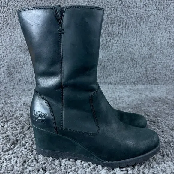 Ugg Joely Wedge Boots Womens Size 6 Black Leather Waterproof Wool Lined Mid Calf