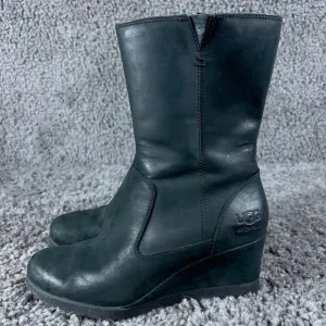 Ugg Joely Wedge Boots Womens Size 6 Black Leather Waterproof Wool Lined Mid Calf
