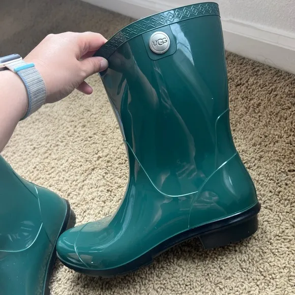 Ugg Pine Green Rubber Waterproof Fabric Lined Rain Boots Mid Calf Women SZ 10