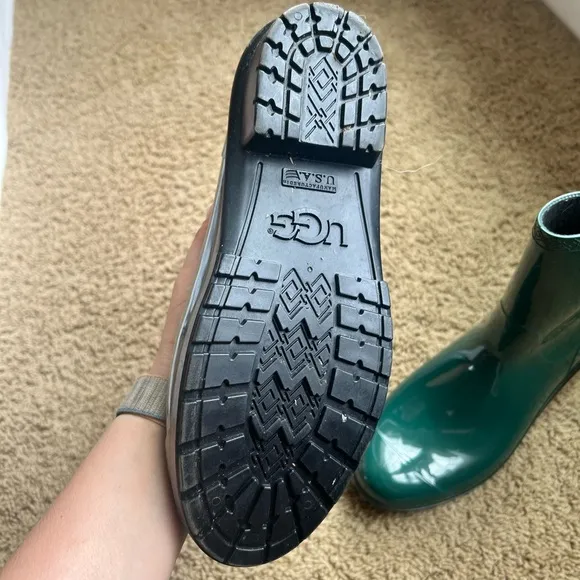 Ugg Pine Green Rubber Waterproof Fabric Lined Rain Boots Mid Calf Women SZ 10