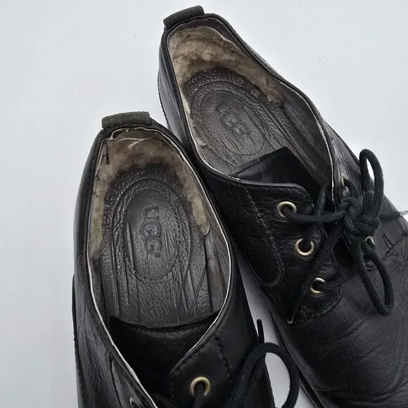 UGG Shoes Mens 11 Black Klayton Oxford Loafer Slip On Leather Lace Up Shearling