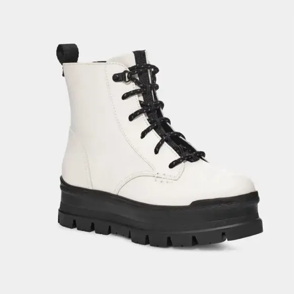 UGG Sidnee White Leather Combat Platform Chunky Boots Size 8,5