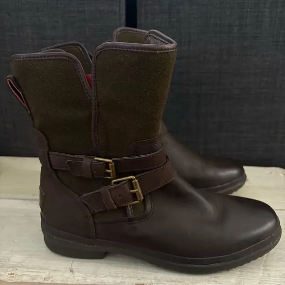UGG Simmens Leather Waterproof Boots Brown and Green Size 8