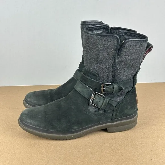 UGG Simmens Waterproof Biker Boots Womens 8 Black Leather Pull On Shearling