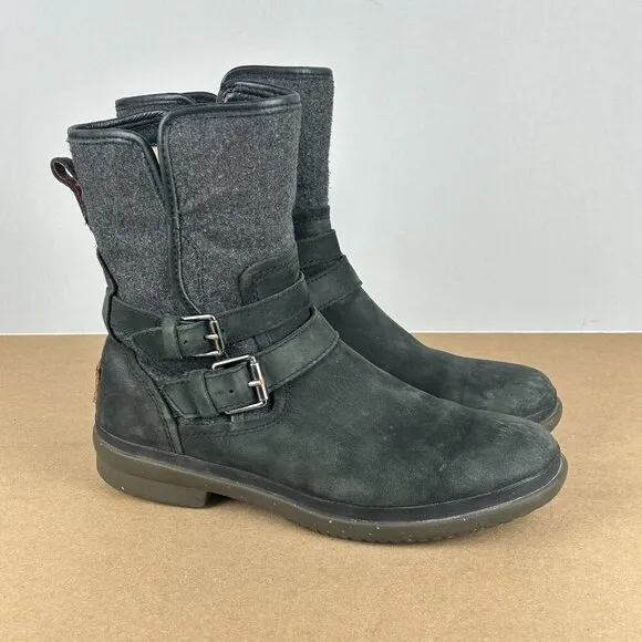 UGG Simmens Waterproof Biker Boots Womens 8 Black Leather Pull On Shearling