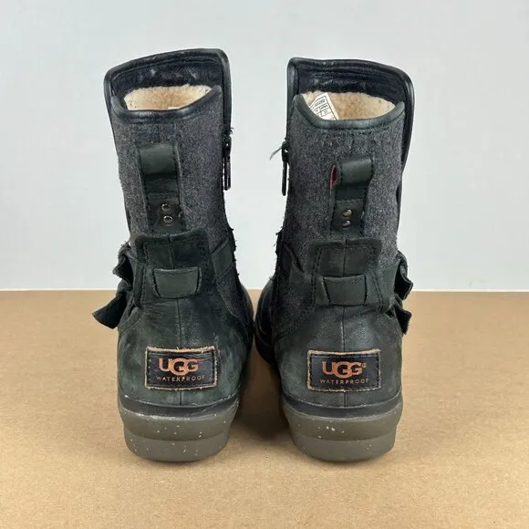 UGG Simmens Waterproof Biker Boots Womens 8 Black Leather Pull On Shearling