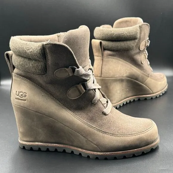 UGG Women's Kriston Mole Brown Waterproof Leather Wedge Boots