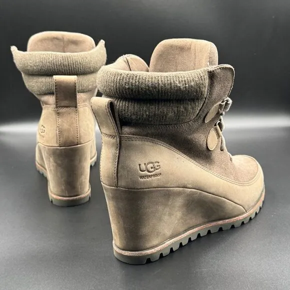 UGG Women's Kriston Mole Brown Waterproof Leather Wedge Boots