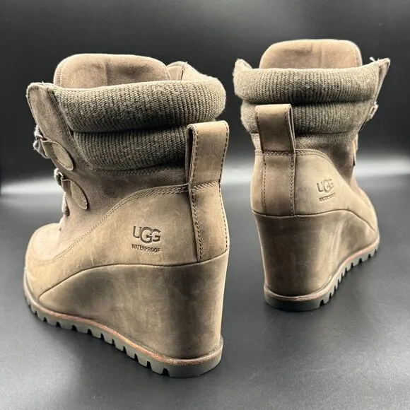 UGG Women's Kriston Mole Brown Waterproof Leather Wedge Boots