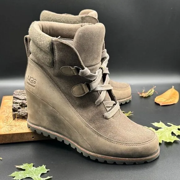 UGG Women's Kriston Mole Brown Waterproof Leather Wedge Boots