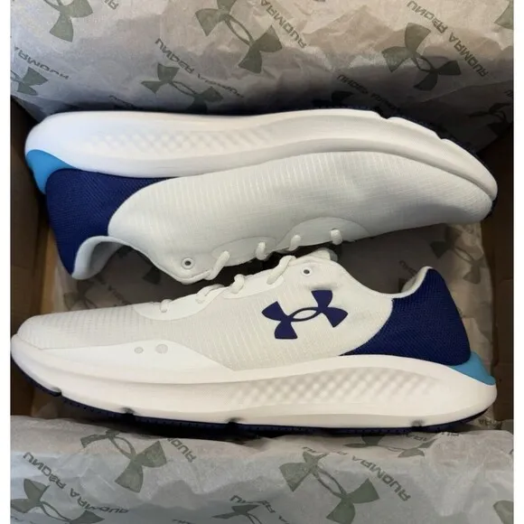 Under Armour Mens Size 9.5 Charged Pursuit 3 White Sonar Blue Running Shoes