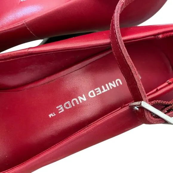 United Nude Red Leather Ankle Strap Metal HeelSize 37 US 6.5
