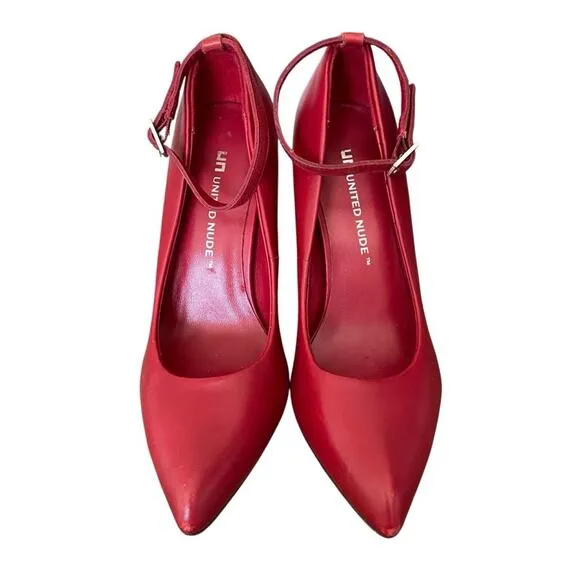 United Nude Red Leather Ankle Strap Metal HeelSize 37 US 6.5