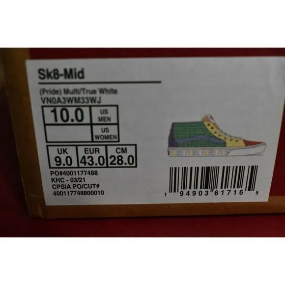 Vans Mens Size 10 Sk8-Mid True White Multicolor Pride Casual Shoes Sneakers