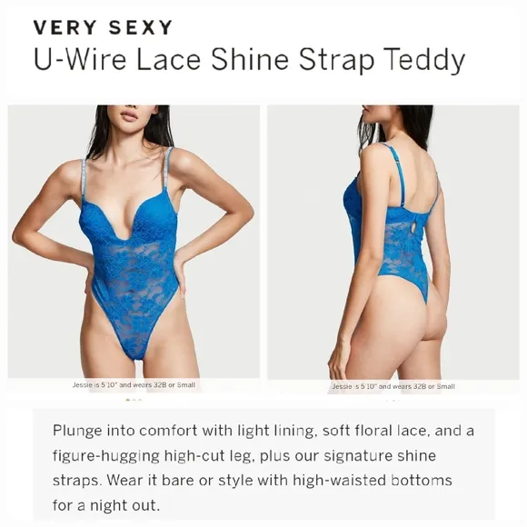 Victoria's secret very sexy u-wire lace shine strap teddy lingerie BLUE bodysuit