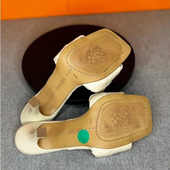 Vince Camuto Brelanie Woven Strap Cream Leather Mule Heeled Sandal Size 5.5