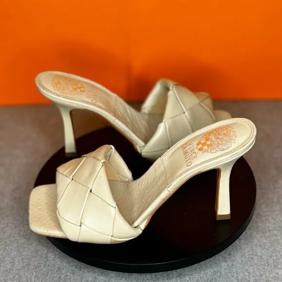 Vince Camuto Brelanie Woven Strap Cream Leather Mule Heeled Sandal Size 5.5