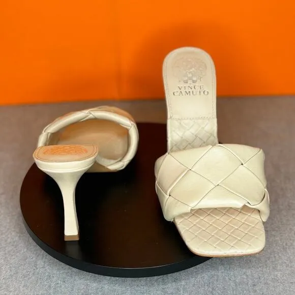 Vince Camuto Brelanie Woven Strap Cream Leather Mule Heeled Sandal Size 5.5