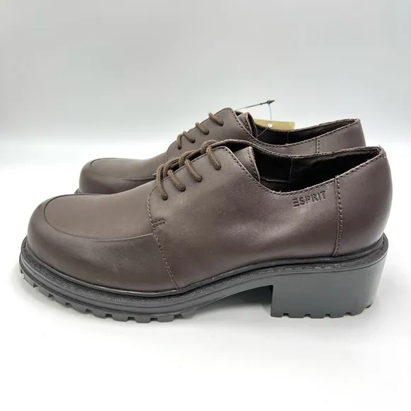 Vintage Esprit Brown Leather Chunky Y2K Block Heel Lug Sole Loafers Shoes 9.5